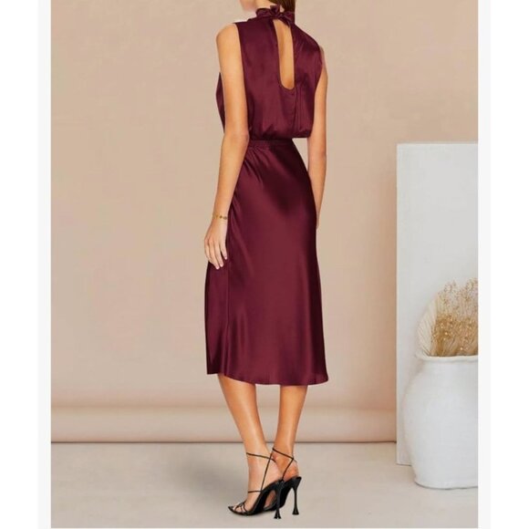 Pretty Garden Womens Med Elegant Burgundy Satin Midi Dress Tie Back Neck Formal - Picture 2 of 10